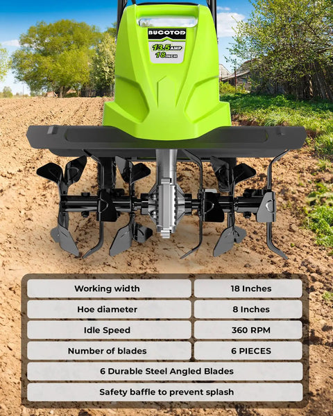 Green 18 Inch Electric Tiller Cultivator with 13.5 Amp Motor and 6 Steel Tines on freshly tilled soil