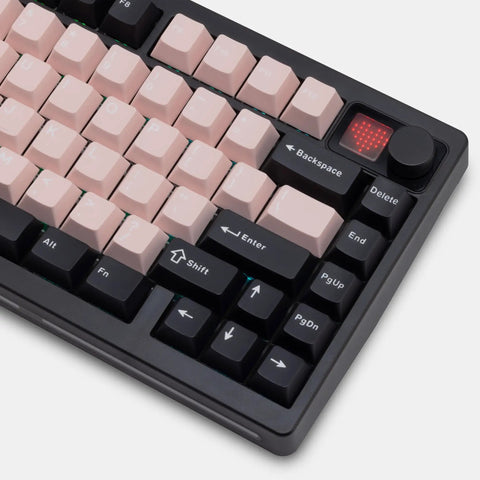 Close-up view of Compact Wireless Mechanical Keyboard With Tri Mode Connectivity And A Slick Dot Matrix Screen Plus Custom Volume Knob.