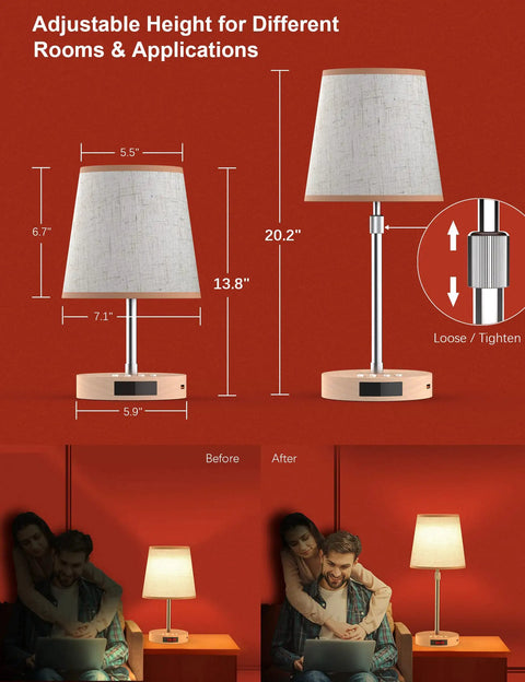 Lit LED Table Lamp With Touch Dimmer USB C Charging Ports Height Adjustable Bedside Nightstand Lamp No Assembly Required Modern Small Desk Light For Bedroom Living Room Home Office with adjustable height diagram and usage showcase.