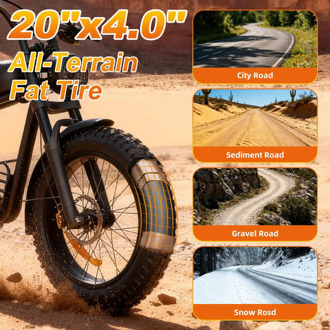 Electric Bike For Adults With 1600W Peak Motor 35 MPH Top Speed 60 Mile Range 18.9Ah Battery 20 Inch Fat Tire Moped E Bike Retro Style Headlights Shipped From USA Warehouse Durable Aluminum Frame For Comfort On All Terrain Rides 20x4.0 fat tire on sand, gravel, snow and city road