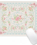 Coquette Floral Mouse Pad Blue Aesthetic Vibe Desk Mat Non Slip Small Mouse Pad For Laptop And PC Portable Travel Size 9.45 X 7.87 Inches With Smooth Glide Cozy Office Decor And Lightweight Durable Build featuring a floral pattern and white computer mouse display