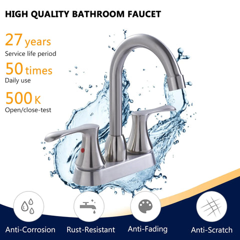 4 Inch Centerset RV Bathroom Faucet In Brushed Nickel Modern Camper Vanity Sink Tap Two-Handle Stainless Steel Lavatory Faucet For 3-Hole Setup No Fuss Install Durable Lead Free Construction with water splash background