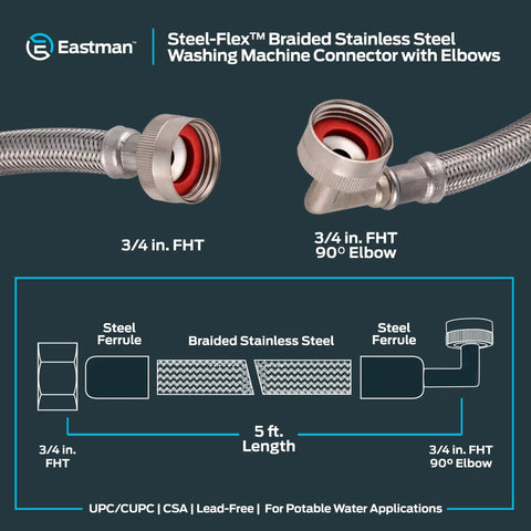 Two 5 Ft Braided Stainless Steel Washing Machine Hoses With Elbows Pack Of 2 3/4 Inch FHT X 3/4 Inch FHT Full Flow High Pressure Connectors Built For Leak Free Water Supply with diagram and close-up of connection interfaces.