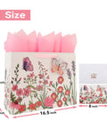 Extra Large 16.5 Inch 3D Butterfly Gift Bag Set With Handles, Greeting Card, Pink Tissue Paper And Stickers, Floral Design