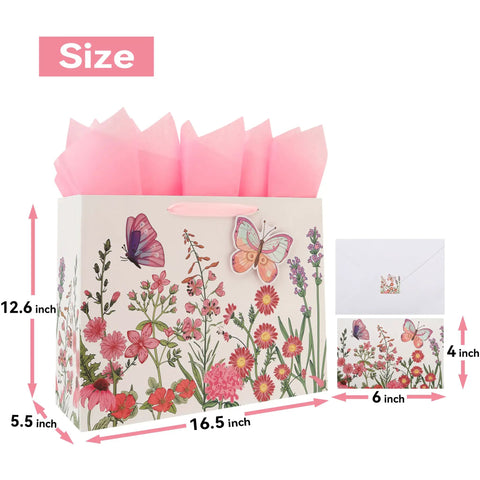 Extra Large 16.5 Inch 3D Butterfly Gift Bag Set With Handles, Greeting Card, Pink Tissue Paper And Stickers, Floral Design