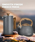 French Press Coffee Maker 34 Oz Built Tough With Solid Wood Handle Double Wall Construction And Dual Bronze Filter in gray finish.