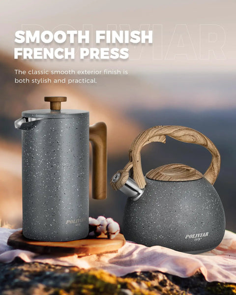 French Press Coffee Maker 34 Oz Built Tough With Solid Wood Handle Double Wall Construction And Dual Bronze Filter in gray finish.