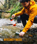 Man filling GeoPress 24 Oz Water Purifier Bottle For Hiking Camping Survival And Travel With Easy Fill Press To Drink Filter in stream