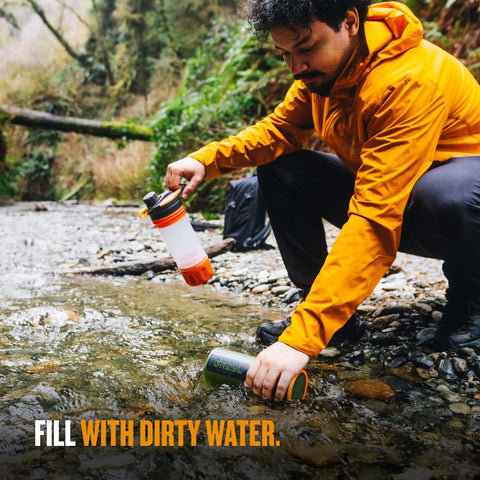 Man filling GeoPress 24 Oz Water Purifier Bottle For Hiking Camping Survival And Travel With Easy Fill Press To Drink Filter in stream