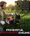 Person using Beefy Gas Powered Hedge Trimmer With 24 Inch Dual Sided Serrated Blades, 36Cc Two Stroke Engine Delivers Big Torque For Thick Branches Up To 2 Inches in a garden with dense shrubs, highlighting features like anti-vibration and easy starting system.