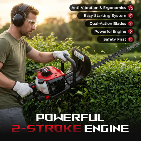 Person using Beefy Gas Powered Hedge Trimmer With 24 Inch Dual Sided Serrated Blades, 36Cc Two Stroke Engine Delivers Big Torque For Thick Branches Up To 2 Inches in a garden with dense shrubs, highlighting features like anti-vibration and easy starting system.