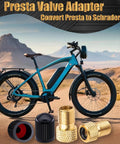Mountain bike with Brass Presta To Schrader Valve Adapter For Bikes Converting Presta To Schrader Lets You Inflate Your Bike Tires With Any Standard Pump Or Air Compressor Includes 2 Black Reticulated Tire Valve Caps on desert background