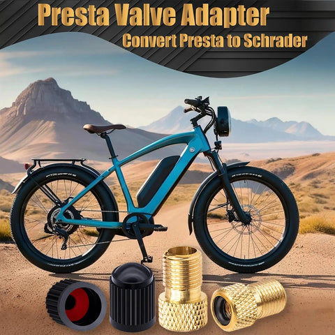 Mountain bike with Brass Presta To Schrader Valve Adapter For Bikes Converting Presta To Schrader Lets You Inflate Your Bike Tires With Any Standard Pump Or Air Compressor Includes 2 Black Reticulated Tire Valve Caps on desert background