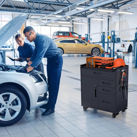 Garage Workhorse Heavy Duty Steel Tool Cabinet With Pegboard Wall And Lockable Drawers For Easy Rolling Shop Gear Organization Setup In Gloss Black beside mechanics working on a car.