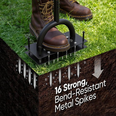 Manual Lawn Aerator With 16 Sharp Spikes For Deep Soil Penetration In A 4 By 4 Grid demonstrating soil aeration process.