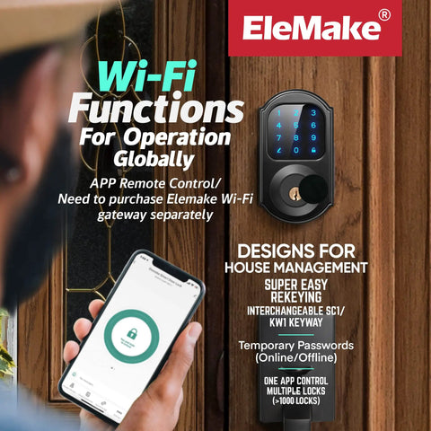 WiFi Smart Deadbolt Door Lock with touchscreen and smartphone app control in use, black finish, Alexa and Google Home compatible.