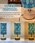 Watercolor Palm Leaf Blue Bedside Table Lamp with 3 Way Dimmable Touch Control and Built In Charging Station for Bedroom