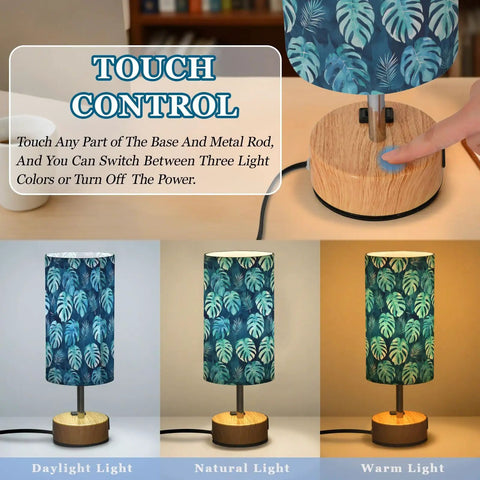Watercolor Palm Leaf Blue Bedside Table Lamp with 3 Way Dimmable Touch Control and Built In Charging Station for Bedroom