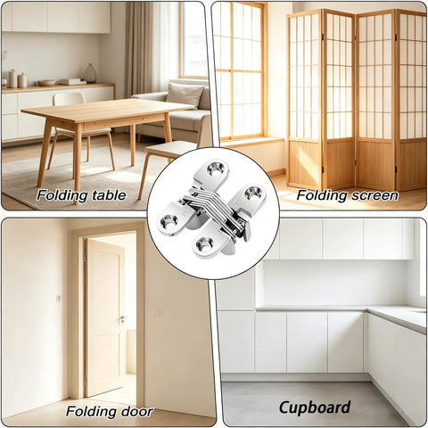 Two Pack Hidden Stainless Steel Hinges For Frameless Kitchen Cabinets 180 Degree Invisible Cross Hinges With Screws shown in use with furniture