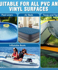 Beast Mode Vinyl Glue For Inflatables And PVC Gear Waterproof Adhesive For Pool Liners Tarps Hot Tubs And Air Mattresses Delivers Long Lasting Bond And Quick Puncture Patch Repair shown with pool, air bed, boat, and tent.