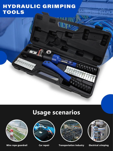 Beefy 16 Ton Hydraulic Cable Lug Crimper Kit For 9 AWG To 600 MCM Electrical Terminals, Heavy Duty Wire Tool Set With 13 Die Sets, Easy On Off Operation, Great For Auto, Electrical And Industrial Use
