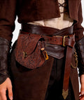 Vintage Brown Faux Leather Medieval Belt Pouch Featuring Carved Elven Leaf Details, 6.3" x 3.5" design on waist.