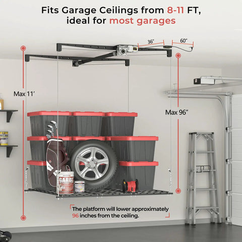 Game Changing Motorized Garage Ceiling Storage Rack With Remote Control 4 By 4 Ft Overhead Lift System Offering Hella Durable Space Saving Hanging Shelves No Sweat Setup For Up To 250 Lbs Capacity Equipment