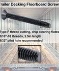 Ride Tough 5/16-18 By 2-1/2 Inch Trailer Deck Screws With T40 Torx Drive And Oil Phosphate Coating For No Fuss Steel Floorboard Installation In 100 Count close-up detail of screw threads and head.