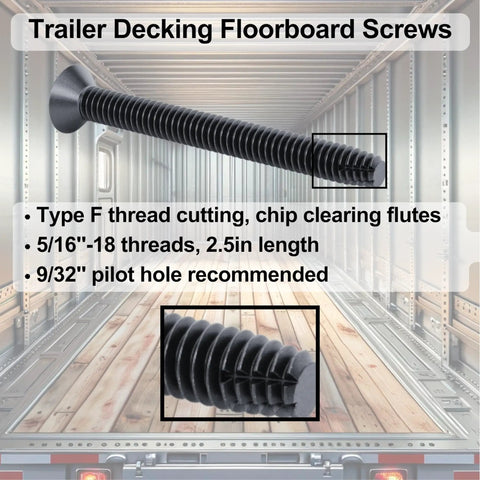 Ride Tough 5/16-18 By 2-1/2 Inch Trailer Deck Screws With T40 Torx Drive And Oil Phosphate Coating For No Fuss Steel Floorboard Installation In 100 Count close-up detail of screw threads and head.