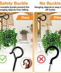 Comparison of Q-Hanger Screw Hooks For Outdoor String Lights With Safety Buckle and no buckle, showing secure hanging with plant.