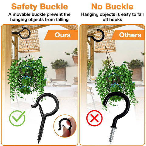 Comparison of Q-Hanger Screw Hooks For Outdoor String Lights With Safety Buckle and no buckle, showing secure hanging with plant.
