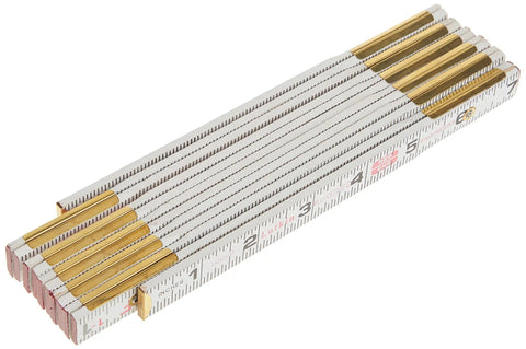 5/8 Inch By 6 Foot Red End Engineer's Scale Wood Rule With Brass Plated Joints And Caps, folded view on white background.
