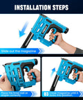 Installation steps for Pro Grade 18 Gauge Cordless Brad Nailer 21V showing magazine sliding, nail placement, and closing.