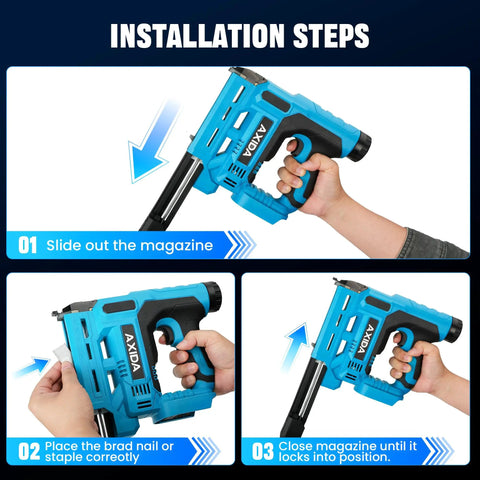 Installation steps for Pro Grade 18 Gauge Cordless Brad Nailer 21V showing magazine sliding, nail placement, and closing.
