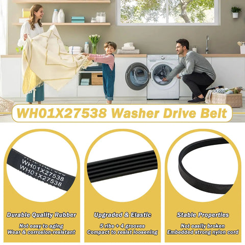 2 Pack Wh01x27538 Washer Drive Belt Hella Durable Replacement AP6328256 PS12299369 4587903 displayed with laundry in modern home.