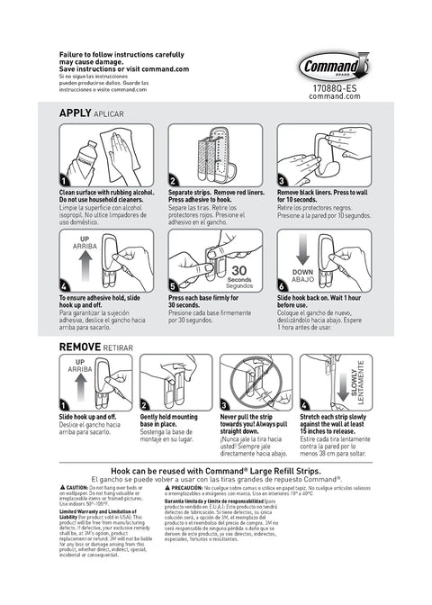 Instruction manual for Damage-Free Jumbo Hook Set With 8 Strong Strips showing application and removal steps.