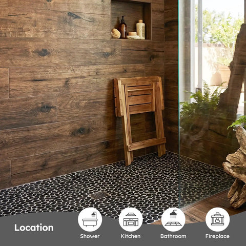 Black Oval Pebble Tile Kit for Shower Floor and Backsplash, 5 Sheets, pebble mosaic with wooden bench in shower