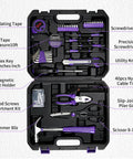 General Household Tool Set For Women And DIYers With A Purple Hand Tool Kit including hammer, pliers, tape measure, utility knife, screwdrivers in case.