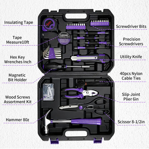 General Household Tool Set For Women And DIYers With A Purple Hand Tool Kit including hammer, pliers, tape measure, utility knife, screwdrivers in case.