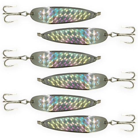 Pro Grade Spoon Fishing Lures Set, 2 Oz Silver Finish, 6 Pack With 3X Strong Mustad Treble Hooks For Saltwater And Freshwater