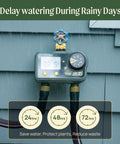 Two Zone Sprinkler Timer With Brass Inlet For Dual Channel Garden Hose Irrigation mounted on wall in rain