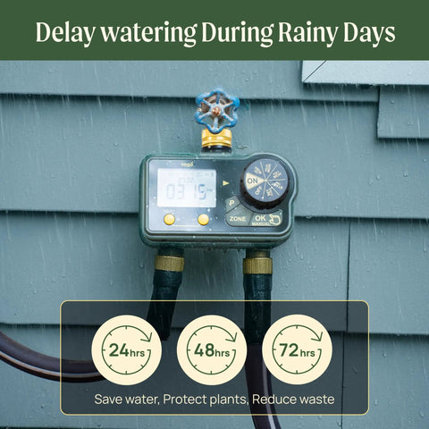 Two Zone Sprinkler Timer With Brass Inlet For Dual Channel Garden Hose Irrigation mounted on wall in rain