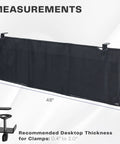 Clamp On 48 Inch Desk Skirt With Dual Top Cable Slots measurements and clamp fit for 0.4 to 2.0 inch thick desks displayed.