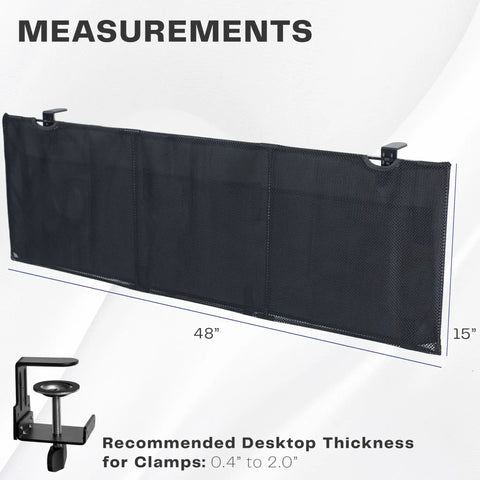 Clamp On 48 Inch Desk Skirt With Dual Top Cable Slots measurements and clamp fit for 0.4 to 2.0 inch thick desks displayed.
