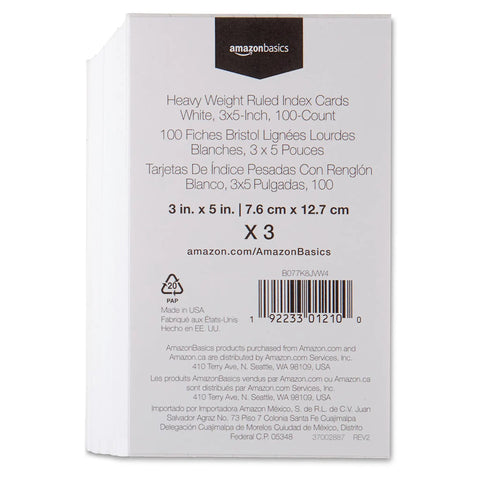 Top Shelf White Index Cards For Studying Ruled One Side Heavy Duty Notetaking Must Haves Smooth Cut Edges 3x5 inches bulk pack back view.