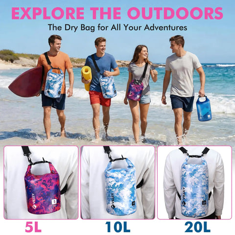 Group holding different sizes of Waterproof Dry Bag 5L Roll Top Backpack For Kayaking Boating Camping And Beach Trips Ultra Lightweight Durable Gear Bag With Adjustable Strap Puncture Resistant Purple Camo