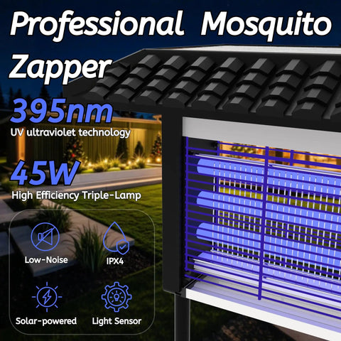 Professional mosquito zapper with 395nm UV technology, low-noise, IPX4 waterproof, showcasing triple-lamp feature in a backyard.