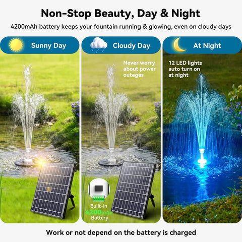 12W Solar Fountain Pump With Battery Backup And Remote RGB LED Lights Floating Solar Water Fountain with eight nozzles in garden
