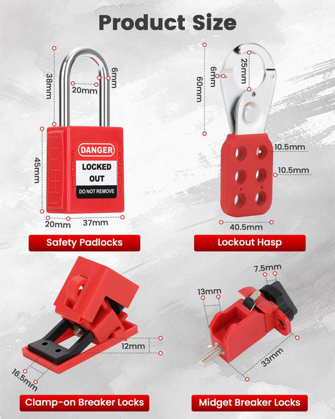 Lockout Tagout Kit For Electrical Safety, OSHA Compliant Industrial Lockout Set With 2 Padlocks, 1 Hasp, Breaker Locks