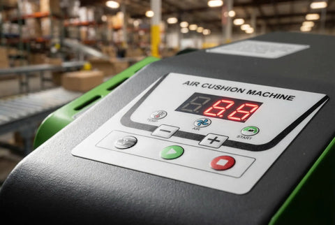 Heavy Duty High Speed Air Cushion Machine Rolls Out Bulletproof Air Pillows At Thirty Nine Feet Per Minute Cranks To Hot In Thirty Seconds For Smooth Shipping Hustle control panel.